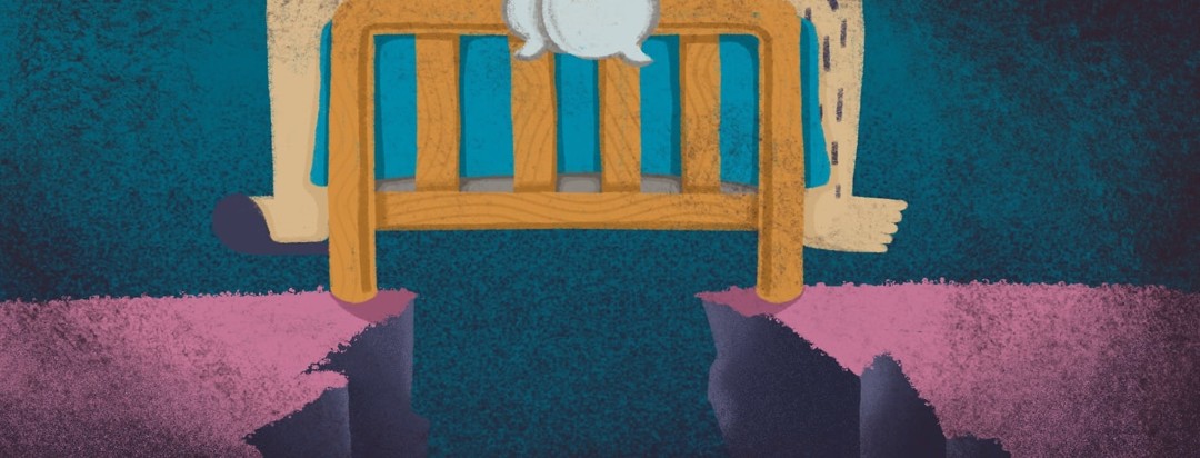 Two people sitting on either side of the bed. One wearing slippers, one not. on the footboard of the bed there is overlapping speech bubbles. Under the bed there is a gaping cavern.