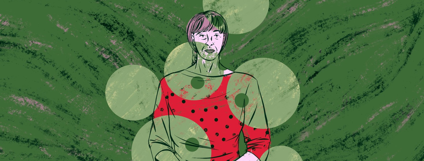 Woman surrounded by circles and little dots on and around her body, indicating symptoms.