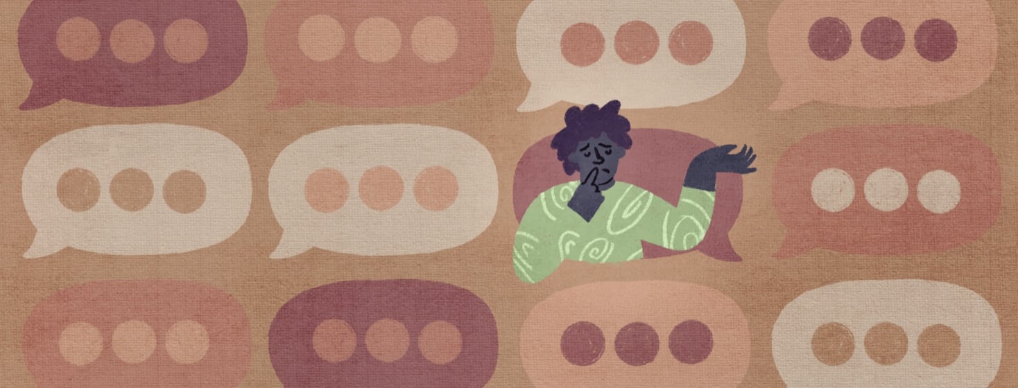 A person thinking and shrugging sitting inside a speech bubble surrounded by a grid of other text bubbles.