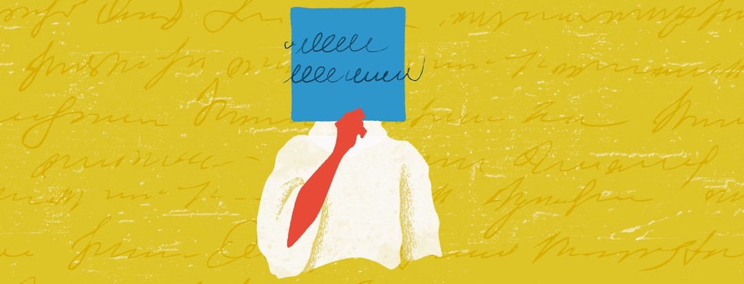 Red figure in a white sweater holding up a blue square with scribbles covering their face, on top of a yellow textured background