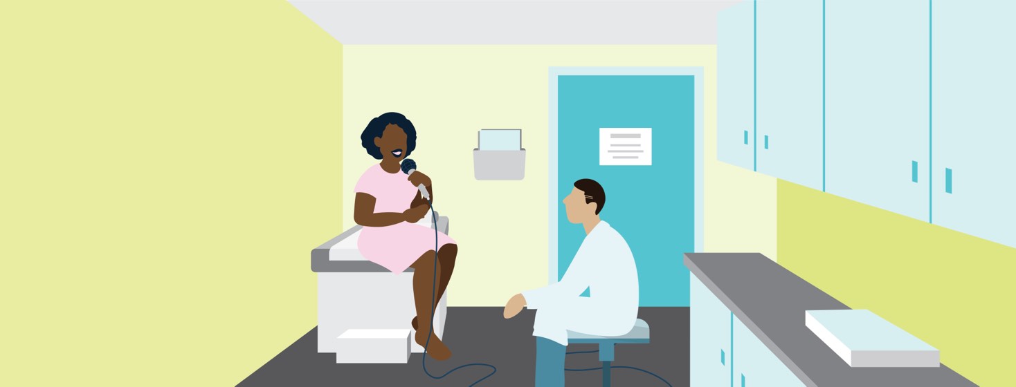 Black woman sitting on an exam table holding a microphone and speaking to her doctor.
