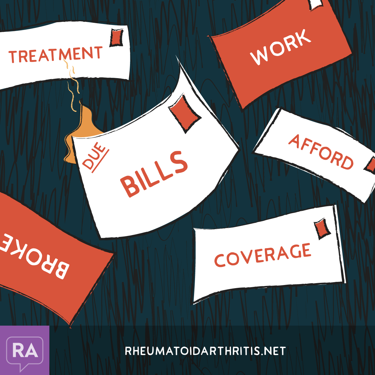 Bills with words like treatment, work, afford, coverage, broke pile up and one begins to catch fire.