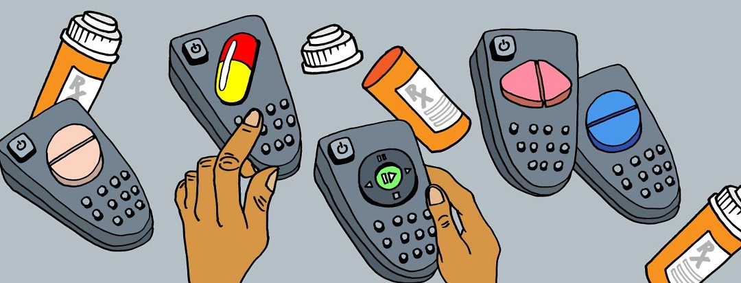 A collection of remote with pills replacing the button.