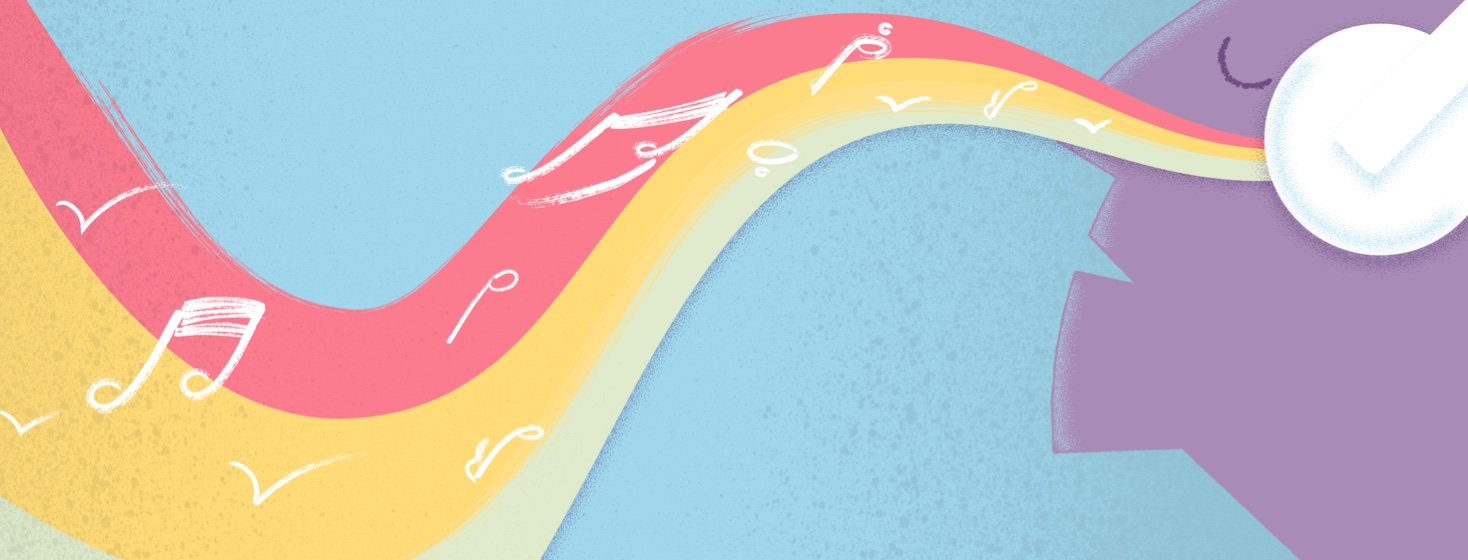 Figure relaxing with eyes closed and headphones on with music notes and a rainbow coming from the headphones