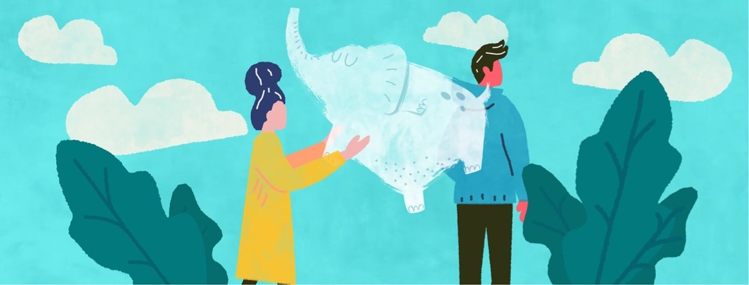 Woman holding proverbial elephant speech bubble directed towards a male figure with his back turned to her.