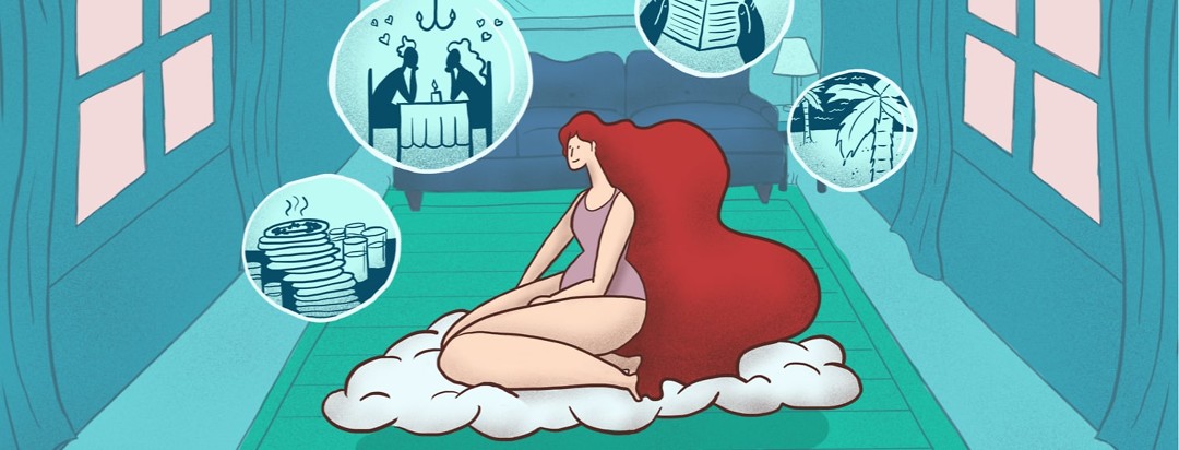 Relaxed woman sitting on cloud in her home daydreaming about love, travel, reading, and chores