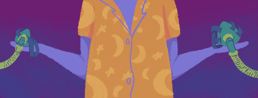 Figure wearing moon covered pajamas holding two different style sleep face masks.
