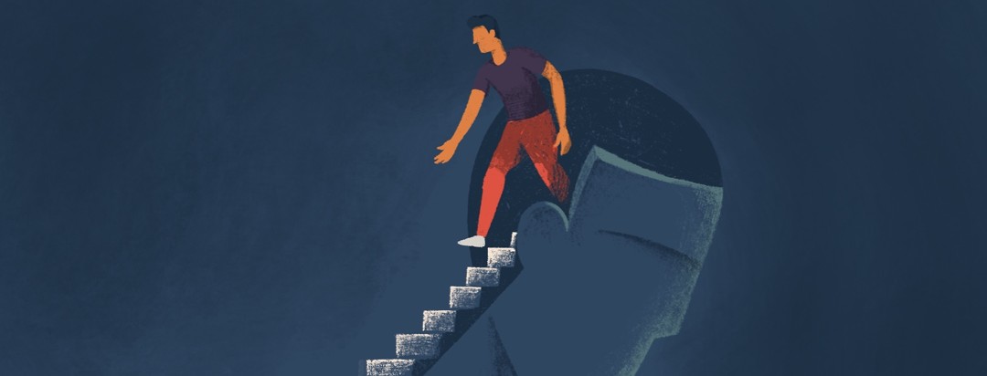 Man walking down a set of stairs coming from within his own head.