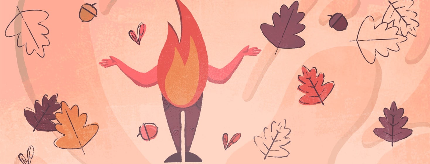 Person in flare with autumn leaves blowing and falling around them.