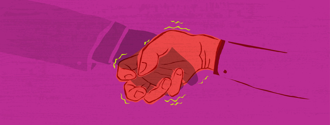 A crumpled hand is being crushed under the grip of a seemingly normal handshake, with pain squiggly lines resonating from the joints.