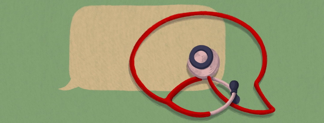 A stethoscope laying on a surface in the shape of a chat bubble. Under the stethoscope is another chat bubble coming from the other direction.