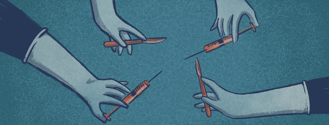 Four hands holding scalpels and syringes.