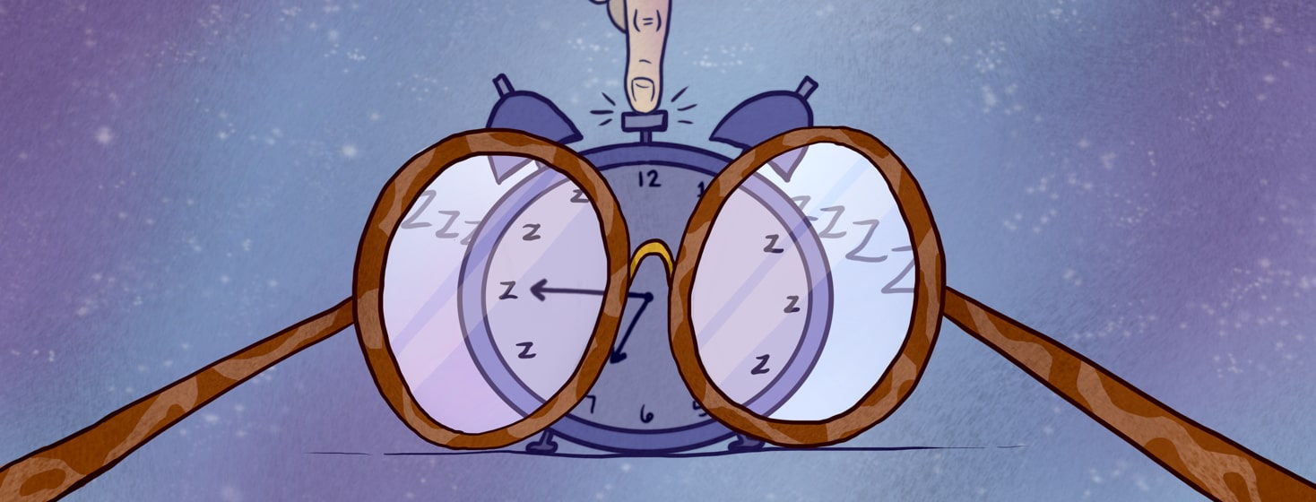 Glasses in front of an alarm clock that only sees zzzz's on the clock face while a finger presses the snooze button