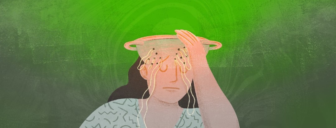 A distressed woman holding her head. The top of her head looks like a colander with spaghetti pooling out.