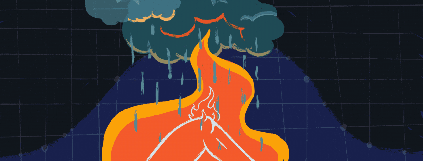 A flame under a raincloud. in the background is a bell chart.