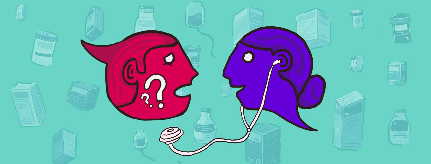 A doctor and advocate shaped speech bubble talking to each other. Behind them are several different types of medications and biologics.
