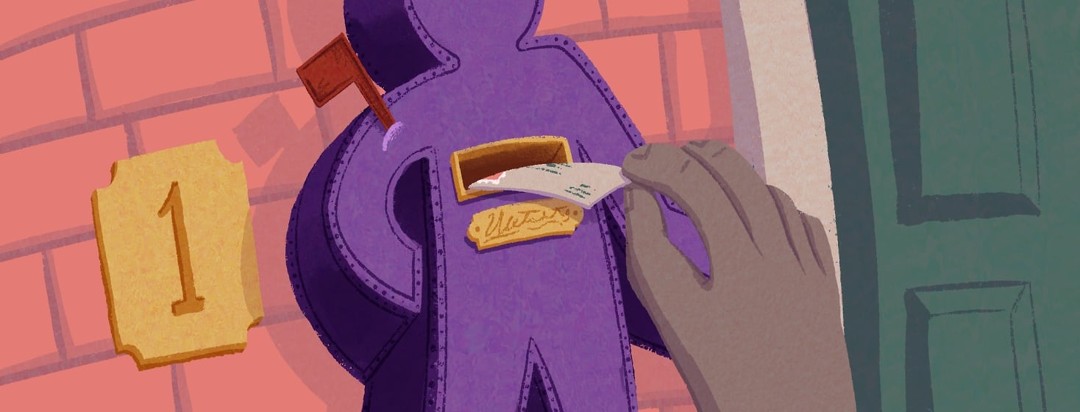 A purple person shaped mailbox with the postal flag raised. A hand is dropping a letter into the mail slot.