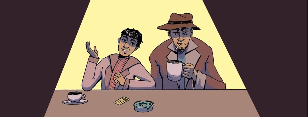 A young detective sits next to an older, jaded detective with a cigarette.