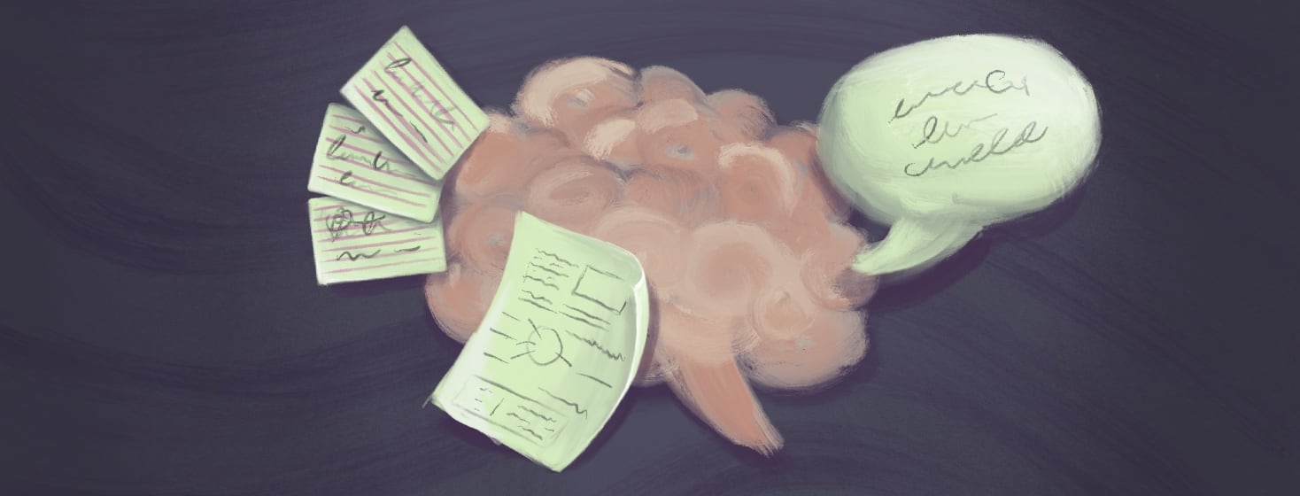 A brain with a the following floating around it; speech bubble, note cards, and a sheet of paper with a drawings on it