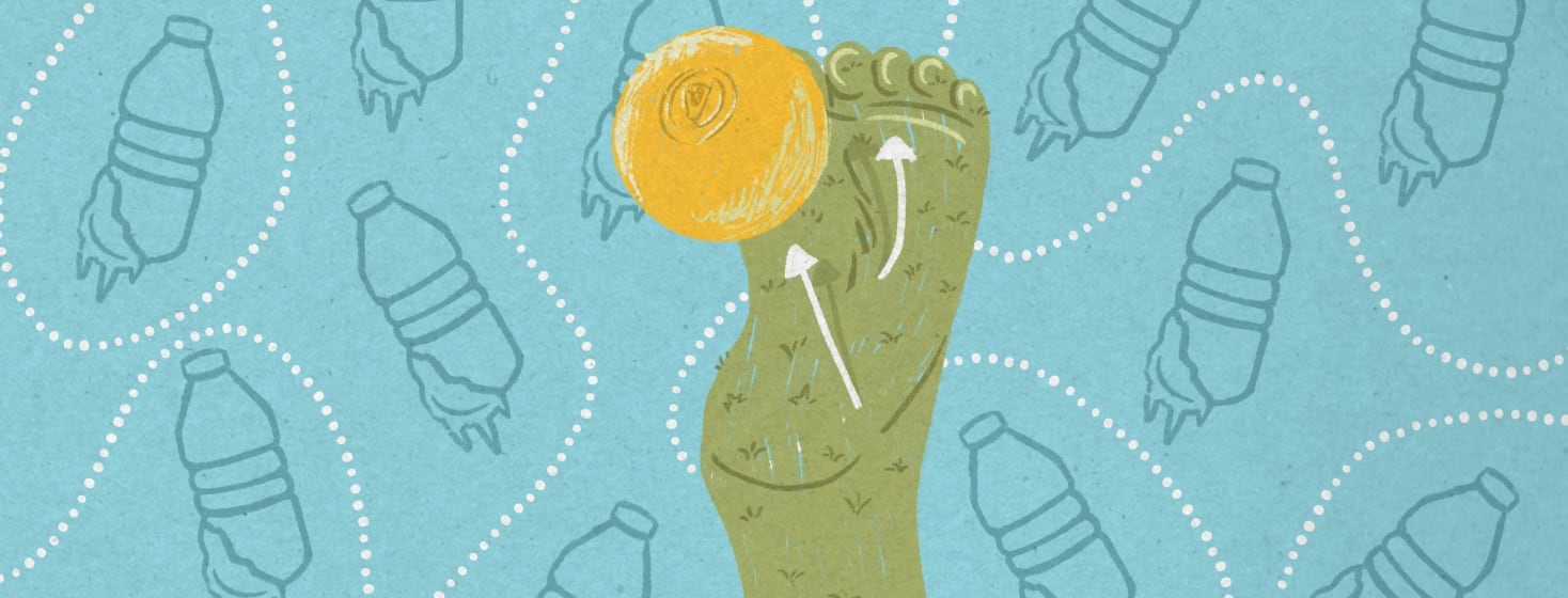 The sole of a foot made of grass. On the foot is a play-like schematic series of arrows. In the background is a pattern made of frozen water bottles. There is a lacrosse ball resting on the ball of the foot.