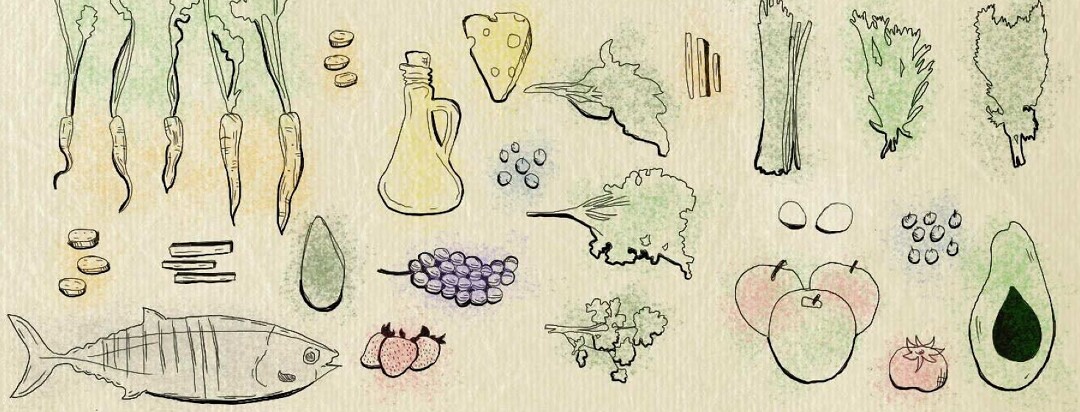 Vintage style illustration of fish, fruits, cheese, and vegetables
