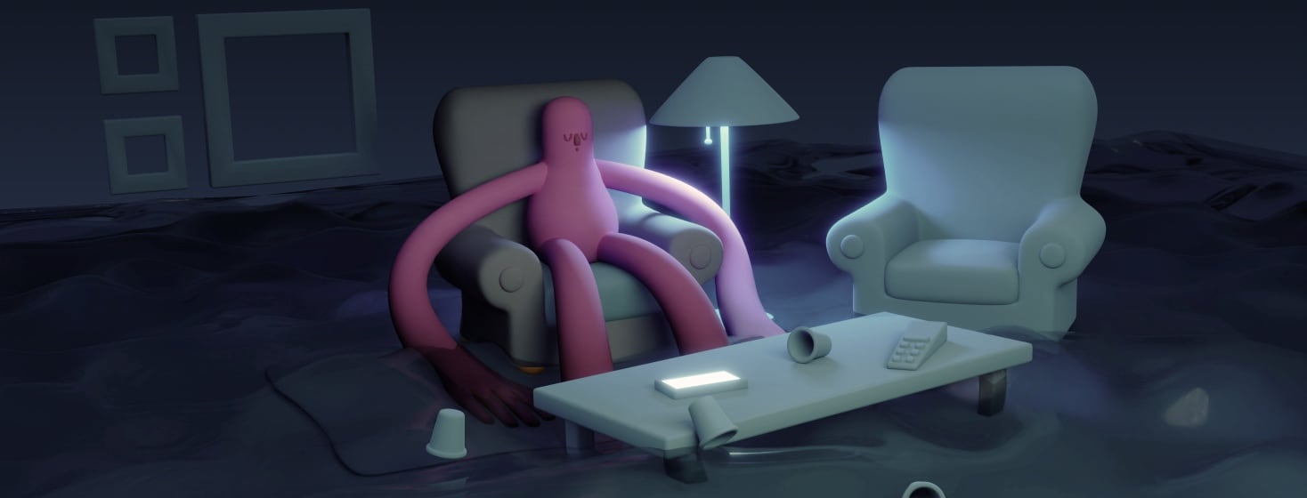 A figure sits slumped into a chair with its eyes closed. They're dimly lit, surrounded by water, and their surroundings are in disarray.
