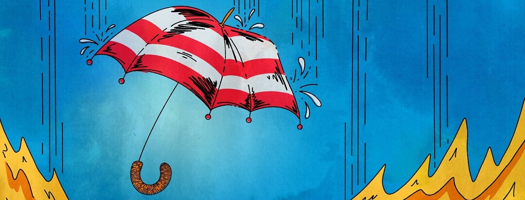 A red and white striped open umbrella, rain pouring down with flames in the bottom corners.