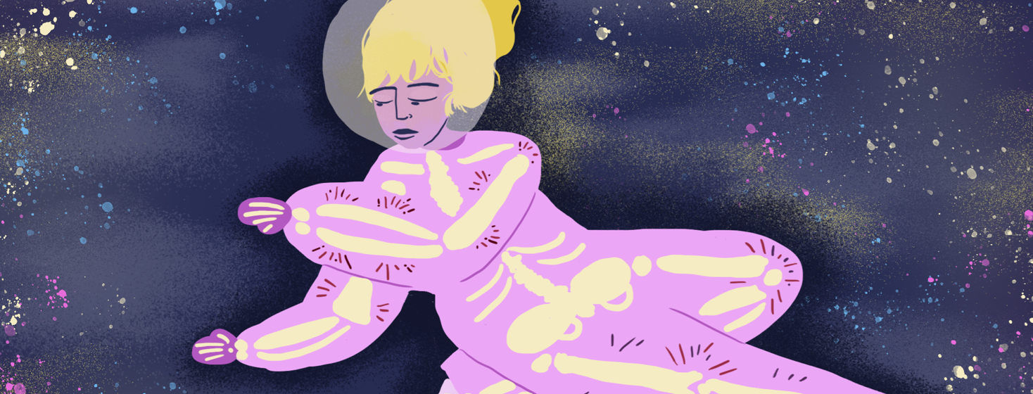 Female astronaut is floating in the sky among purple, yellow, and blue stars and clouds. Her body is pink, and her bones are highlighted light yellow with pangs of pain surrounding the bones.