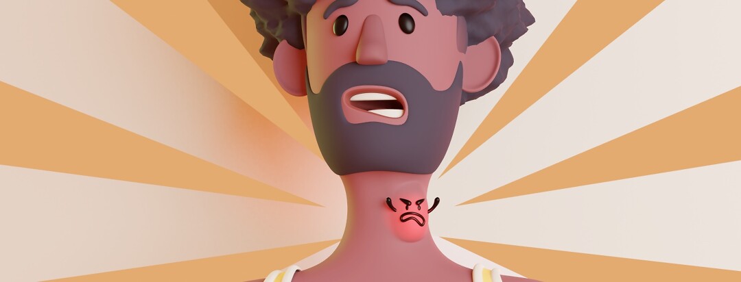 A picture of someones neck with an angry characterized glowing goiter.