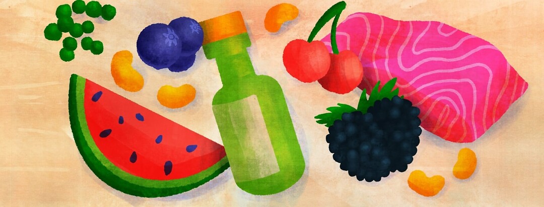 A collection of summer foods that help keep RA symptoms under control. Blueberries, blackberries, olive oil, watermelon, fatty fish, beans, peas, legumes, cherries.