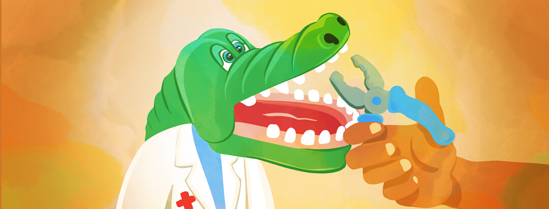 A doctor with a crocodile head opens its mouth revealing numerous large teeth as a hand holding pliers approaches to pull one.