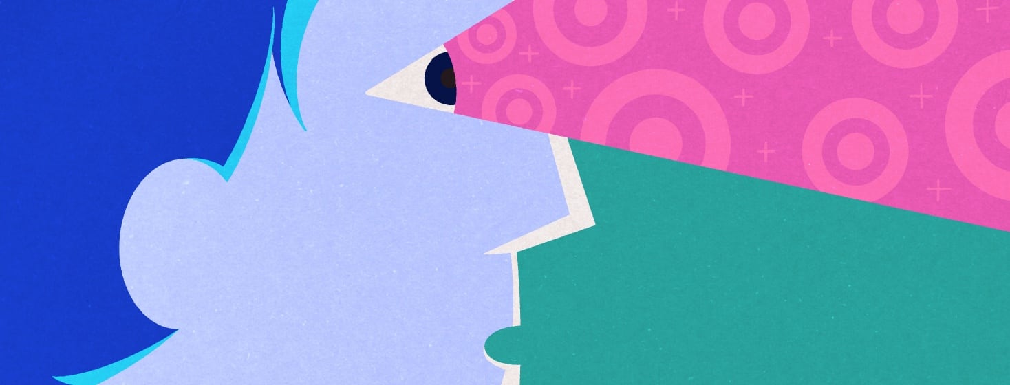 A profile view of someone with a shocked expression on their face. Coming from the person's eye is a cone of target shapes.