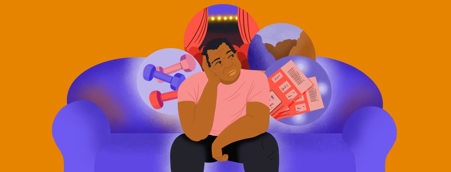 Man sits on couch contemplating about things he can't or shouldn't do.