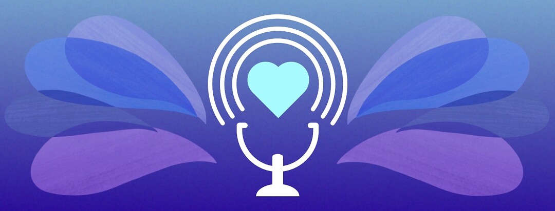 Image of a heart over a podcast microphone stand