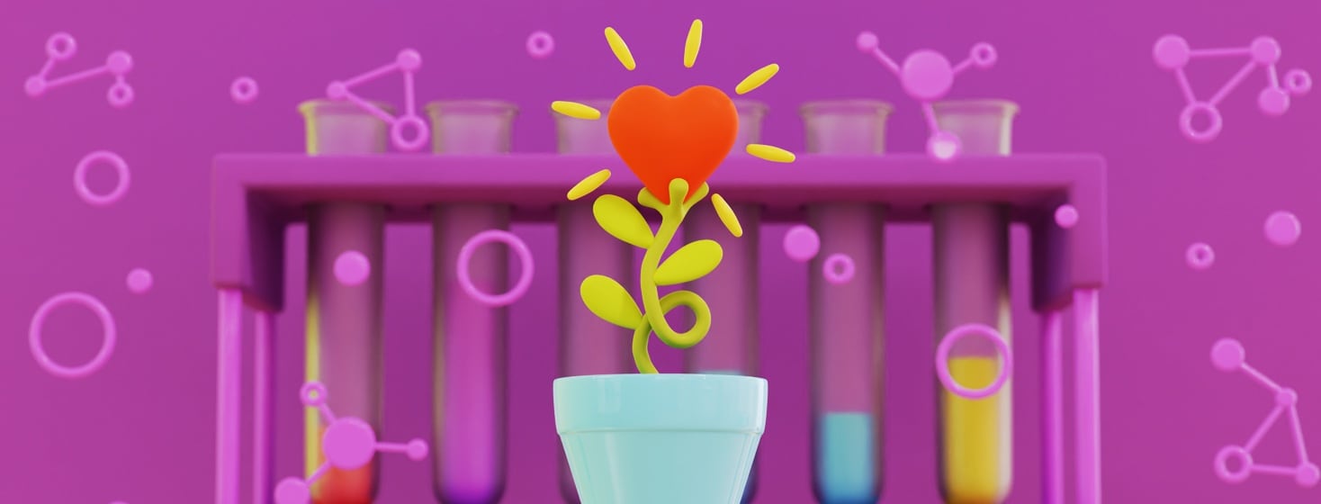 A heart-shaped flower grows out of a small pot. Behind the flower are science equipment and floating diagrams.