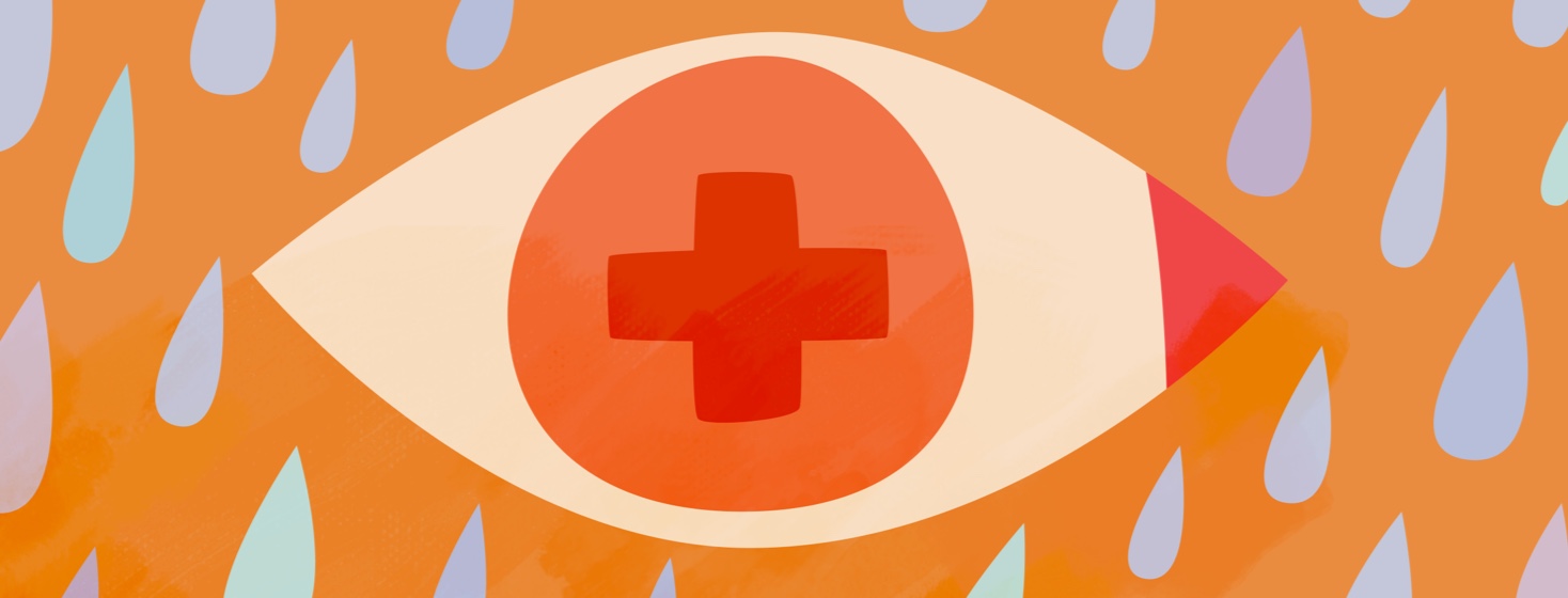 An inflamed eye with a health "+" sign in the pupil and droplets of relief in the background.