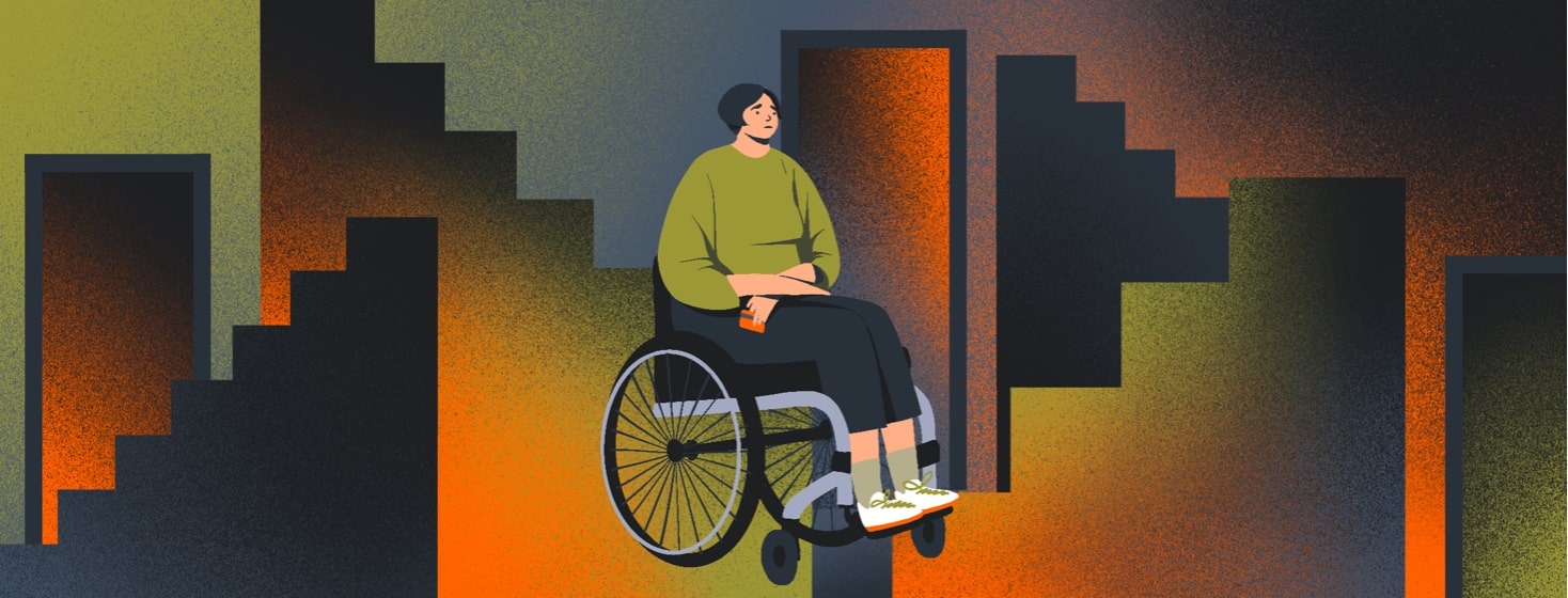 alt=A woman in a wheelchair sits lost and sad among stairwells and other inaccessible building features.