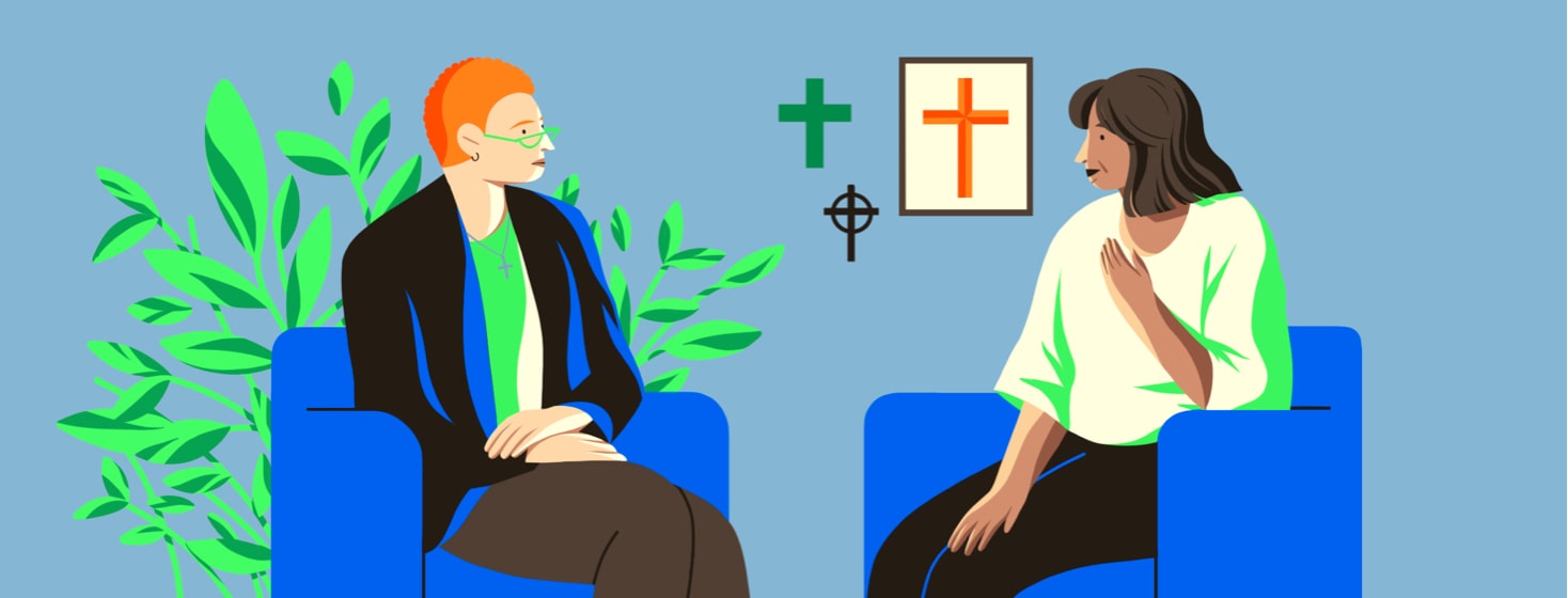 alt=a woman speaks to her pastor in an office decorated with religious symbols