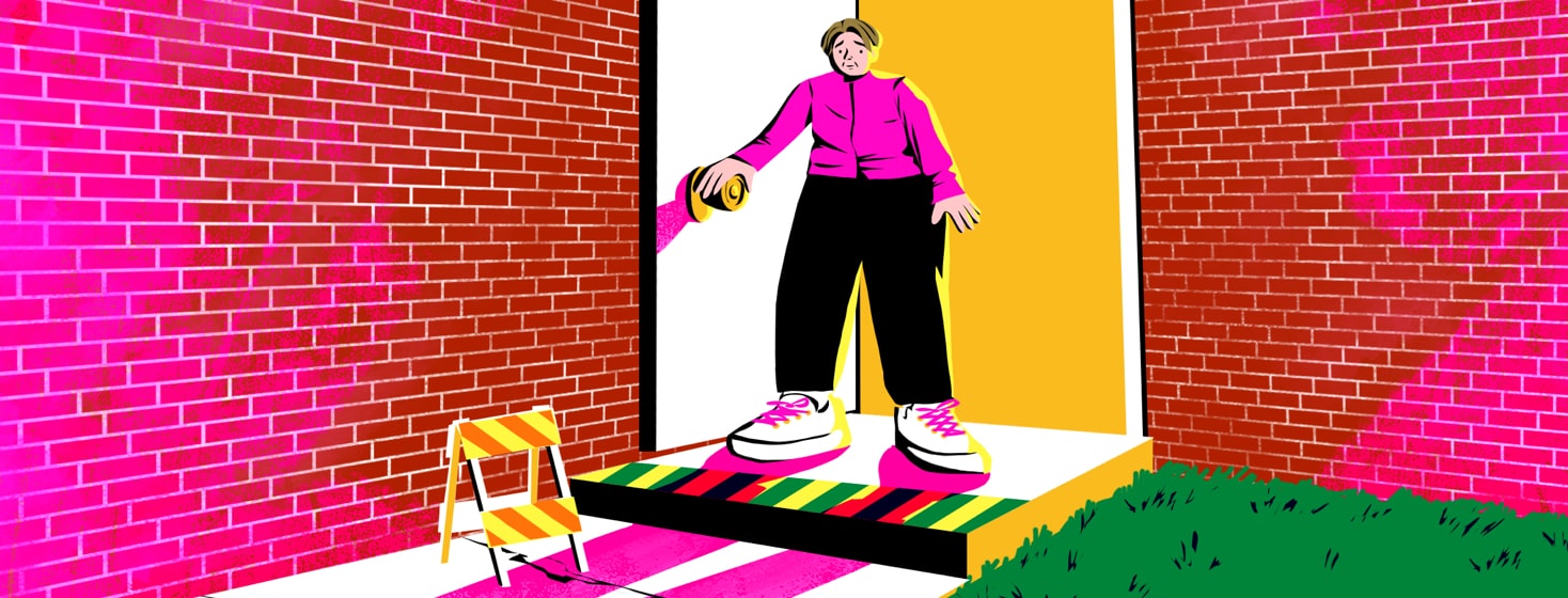 alt=an older woman looks nervously out a doorframe at obstacles that could hinder her balance and cause her to fall.