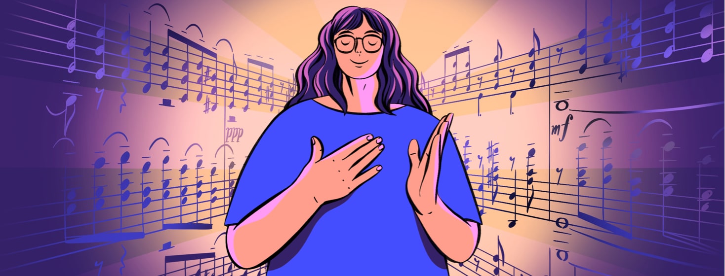 alt=a woman with her hand on her heart and music emanating from behind her.