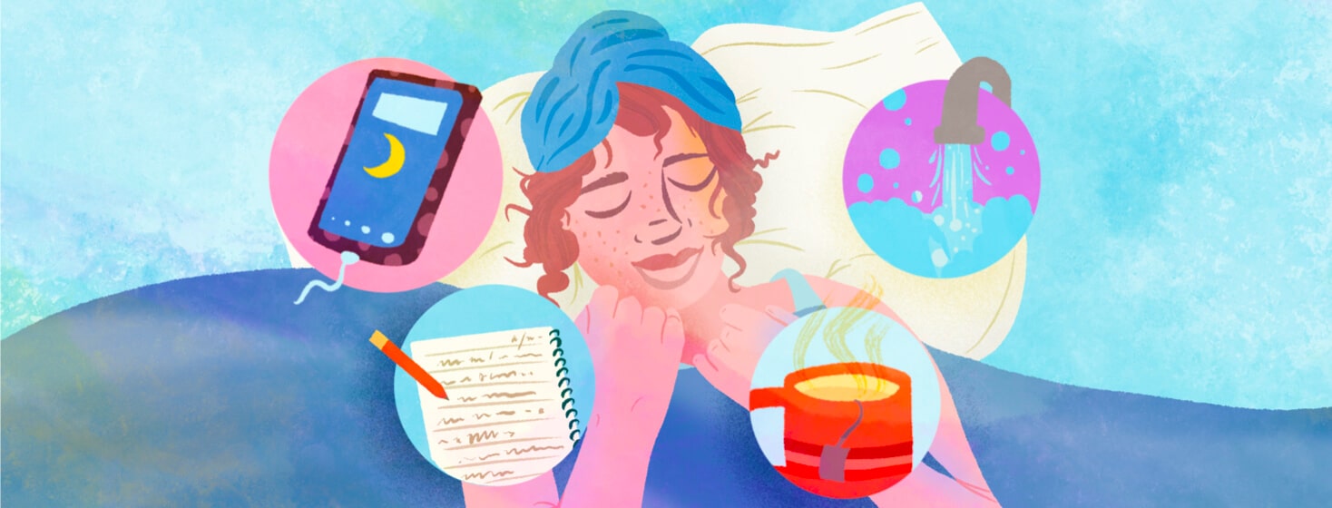 Woman with head wrap sleeps cozily on pillow; call out bubbles include water running a bath, tea, journaling, silenced charging phone.
