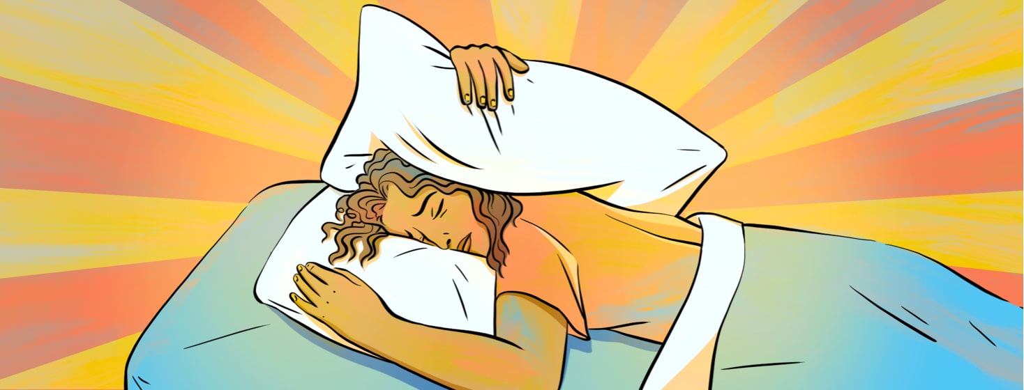alt=a woman with hangover-like symptoms places a pillow over her ear