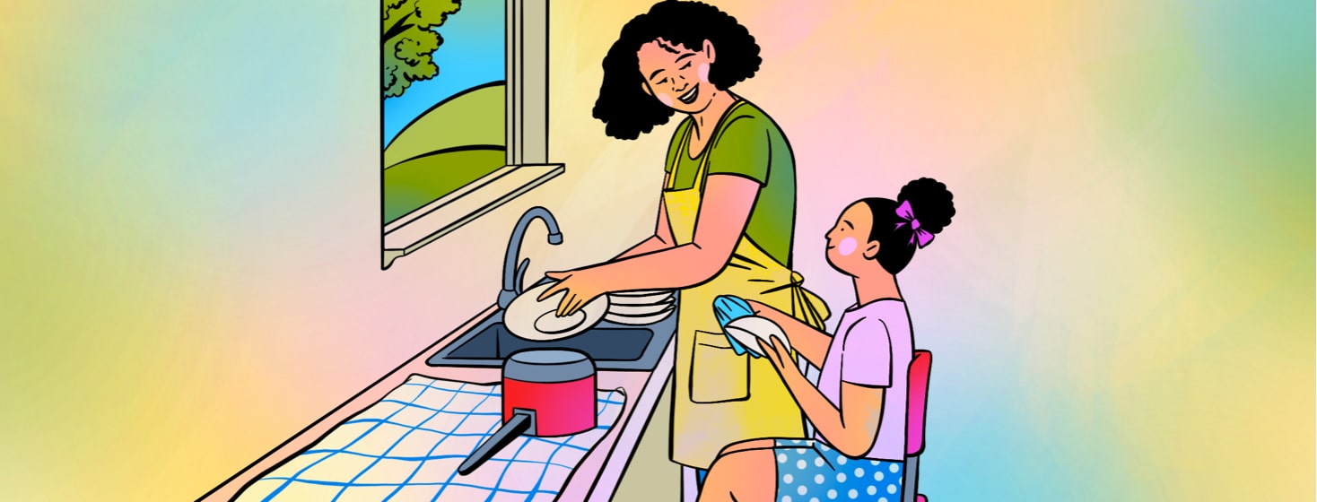 alt=a parent and child do the dishes together