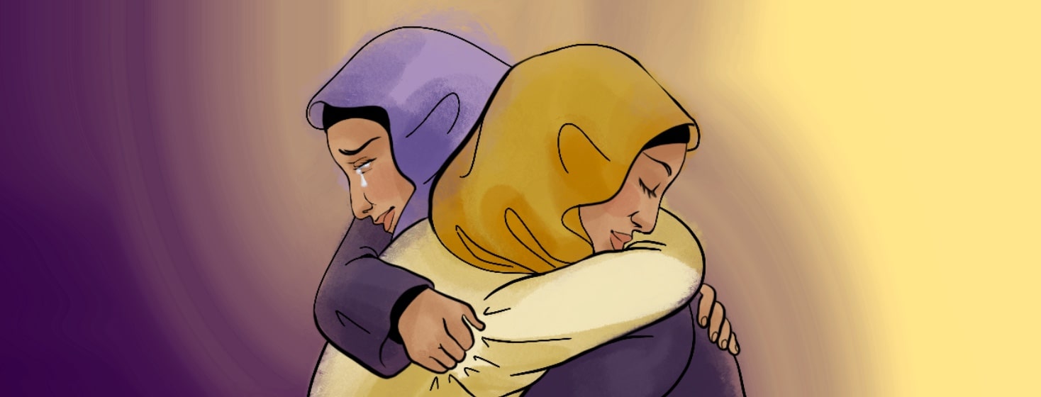 Two identical women hold onto each other tightly, one of them is happy, one of them is crying. Self care, woman, female, hijab, depression, joy, tears, love