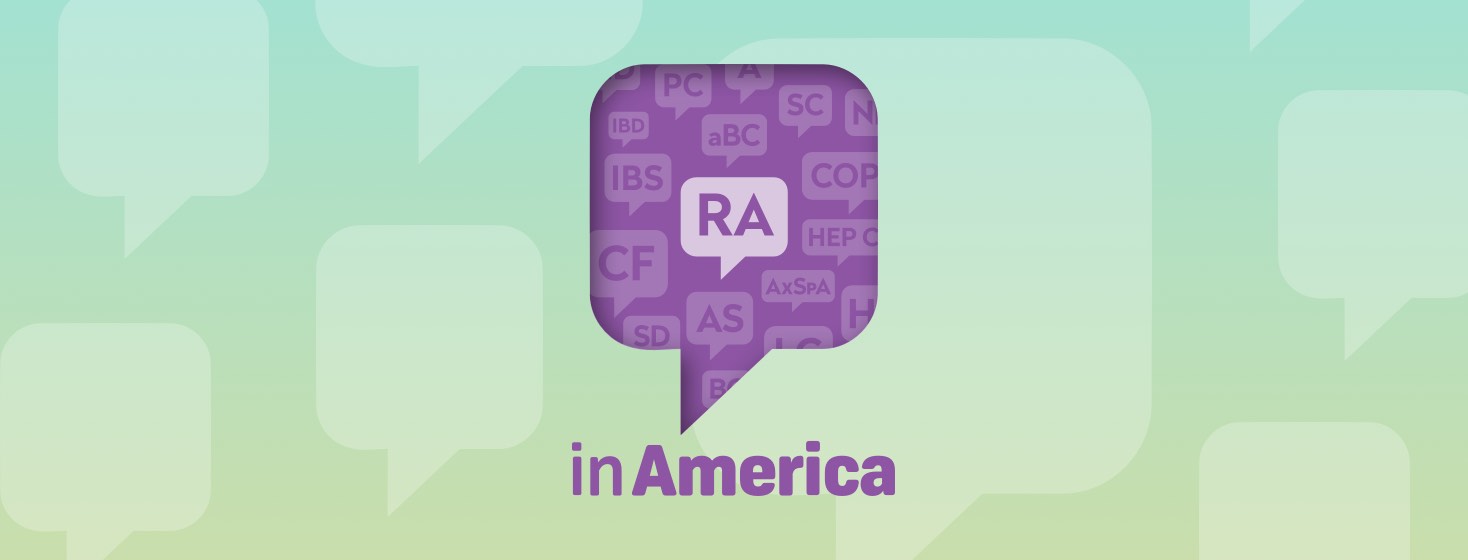A speech bubble highlighting the RA logo above the words In America, surrounded by a fainter word cloud of logos for other Health Union websites.