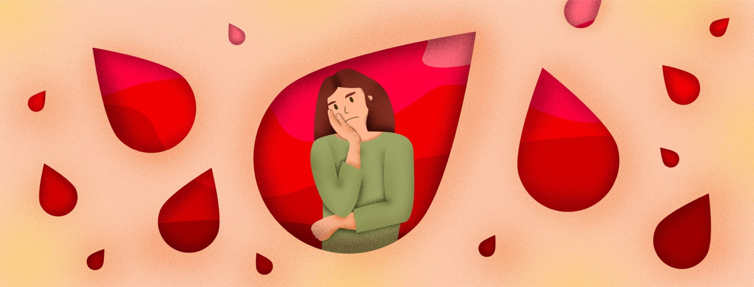 A woman resting her head in her hand looking frustrated in a blood drop shape