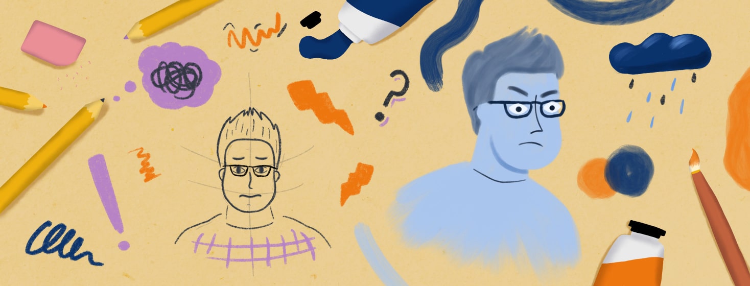 Drawing of a man that is mad, surrounded by smaller drawings of a thought bubble, lightning bolt, and question mark
