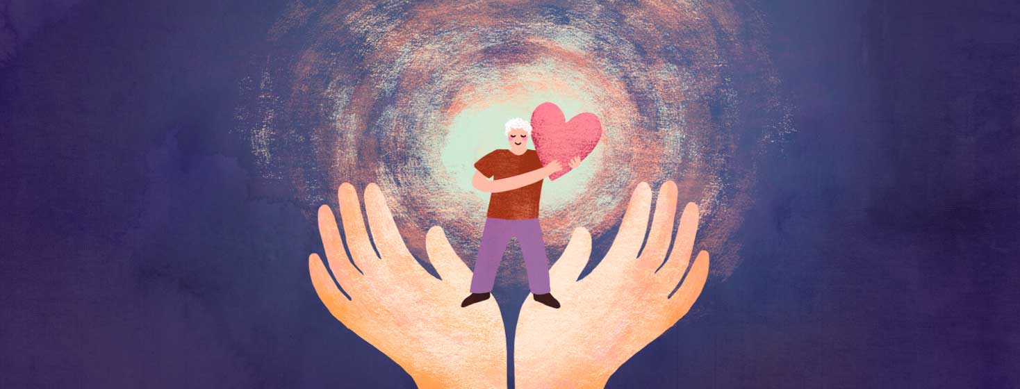 A man stands on two outstretched hands, holding a glowing heart. Adult male, gratitude, grateful