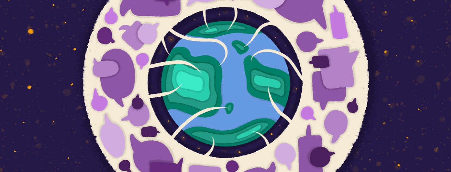 the earth surrounded by purple speech bubbles