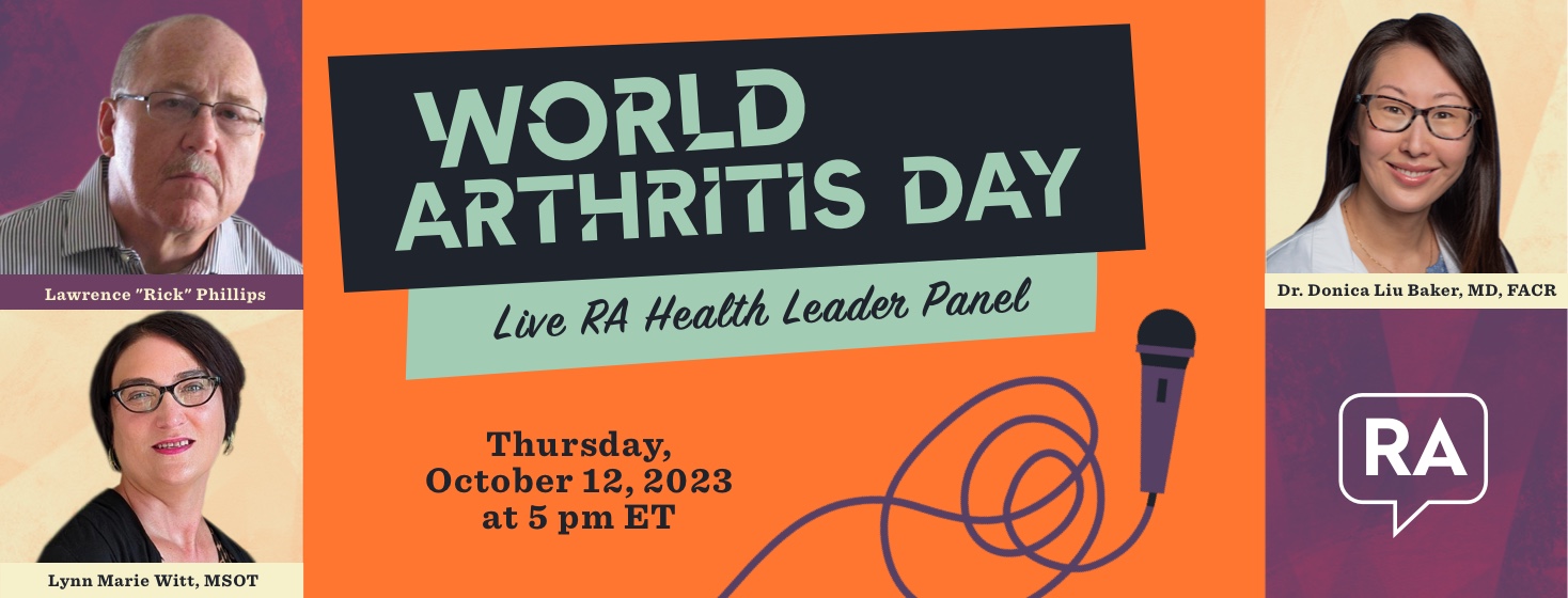 A man's headshot in the top left corner, a woman's headshot in the bottom left corner and top right corner, and RA in bottom right corner with World Arthritis Day in center.